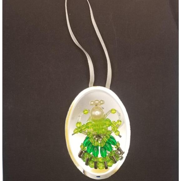 Vintage Beaded Green Angel Ornament Mirror 3" Pearl Handmade with Safety Pins - Picture 2 of 6